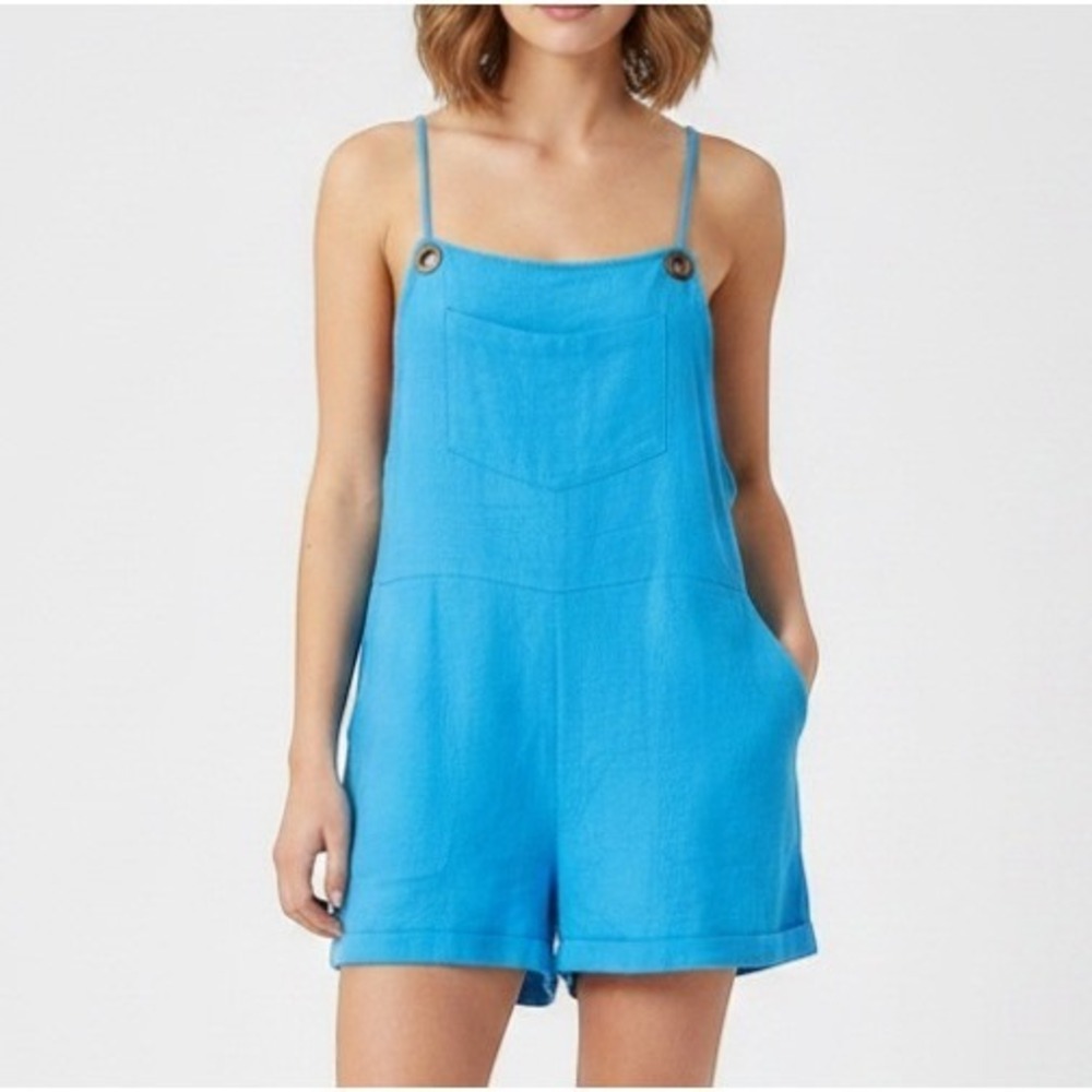 NWT HYFVE Cyan Blue LINEN BLEND Sleeveless CUFF SHORTS OVERALL JUMPSUIT ROMPER S